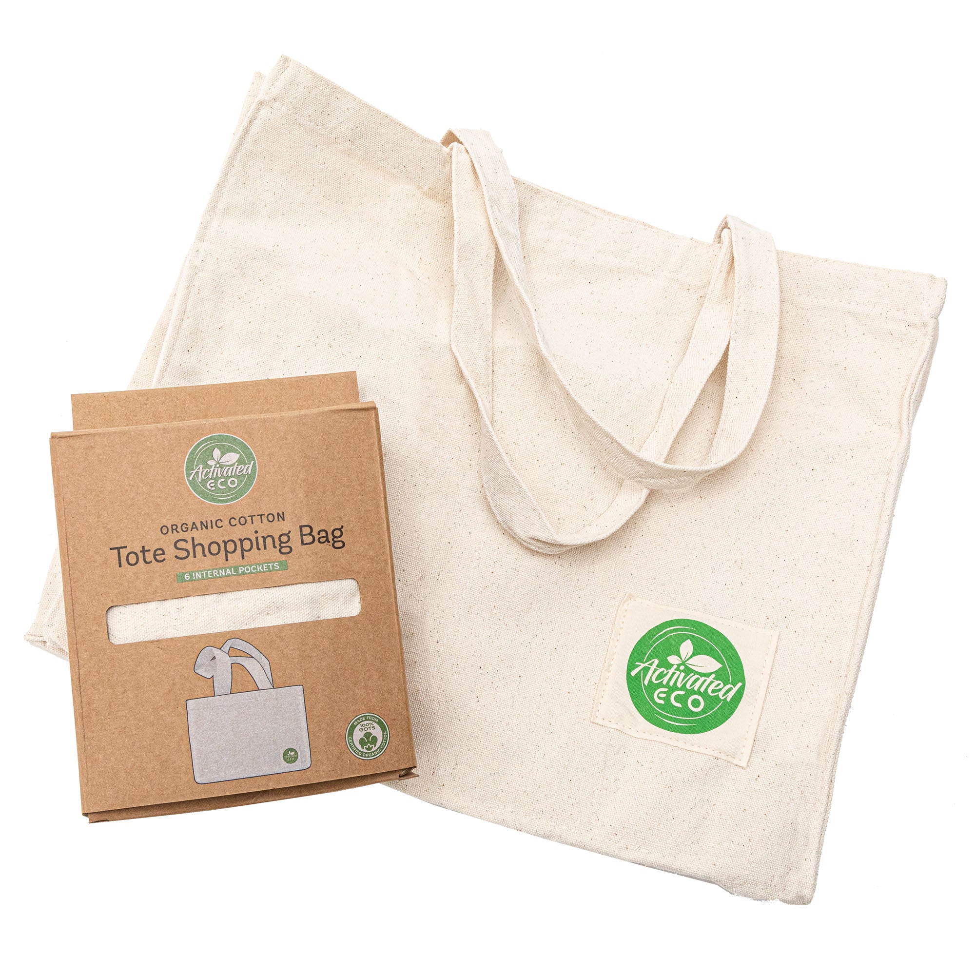 Organic Cotton Reusable Market Tote Bag with Bottle Pockets Single